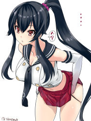 Rule 34 | ..., 1girl, black hair, black panties, black sailor collar, breasts, clothes lift, commentary request, cowboy shot, elbow gloves, gloves, highres, kantai collection, large breasts, lifting own clothes, long hair, midriff, navel, one-hour drawing challenge, panties, panty pull, pleated skirt, ponytail, red eyes, red skirt, sailor collar, sailor shirt, school uniform, scrunchie, serafuku, shirt, sidelocks, simple background, skirt, skirt lift, sleeveless, sleeveless shirt, solo, takase muh, underwear, white background, white gloves, yahagi (kancolle)