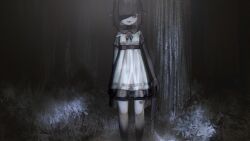 Rule 34 | 1girl, bow, dress, fallenshadow, feet out of frame, forest, hair bow, heart, highres, holding, holding knife, horror (theme), indie virtual youtuber, kitchen knife, knife, looking at viewer, medium hair, mercure 1104, monochrome, nature, night, off-shoulder dress, off shoulder, open mouth, outdoors, pantyhose, ribbon, shaded face, smile, solo, thighhighs, tree, virtual youtuber, wrist ribbon, yandere