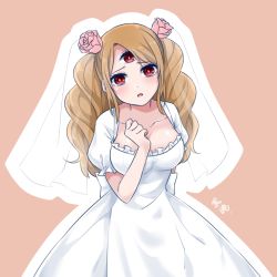 Rule 34 | 1girl, :o, blush, breasts, bridal veil, brown hair, charlotte pudding, cleavage, collarbone, commentary request, dress, drill hair, hei sheng yeyan, long hair, looking at viewer, medium breasts, one piece, red eyes, solo, swept bangs, third eye, veil, wedding dress, white dress