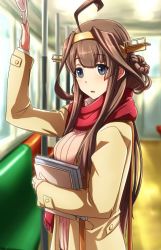 Rule 34 | 10s, 1girl, ahoge, arm up, blue eyes, book, brown hair, brown jacket, casual, chair, double bun, eyebrows, hair bun, hand grip, headgear, holding, holding book, jacket, kantai collection, kobamiso (kobalt), kongou (kancolle), kongou kai ni (kancolle), long hair, long sleeves, looking at viewer, open mouth, pink sweater, pole, red scarf, ribbed sweater, scarf, solo, sweater, train, train interior