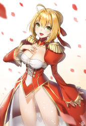 Rule 34 | 1girl, :d, absurdres, ahoge, blonde hair, blurry, blush, braid, breasts, buttons, cleavage, collarbone, commentary request, depth of field, dress, epaulettes, fang, fate/extra, fate (series), feet out of frame, french braid, gold trim, green eyes, hair between eyes, hair bun, hair intakes, hair ribbon, hand on own chest, hieung, highres, juliet sleeves, large breasts, leotard, long legs, long sleeves, looking at viewer, motion blur, nero claudius (fate), nero claudius (fate) (all), nero claudius (fate/extra), open mouth, petals, puffy sleeves, red dress, red ribbon, ribbon, see-through, sidelocks, signature, single hair bun, smile, solo, standing, thighs, white leotard