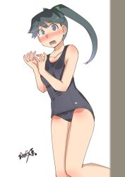Rule 34 | 1girl, artist name, black hair, black one-piece swimsuit, blush, collarbone, commentary request, cowboy shot, grey eyes, highres, houshou (kancolle), kantai collection, long hair, looking at viewer, nose blush, one-piece swimsuit, osamada meika, ponytail, school swimsuit, simple background, solo, swimsuit, tears, white background