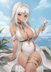 Rule 34 | absurdres, arm support, azur lane, blunt bangs, body markings, breasts, brown eyes, center opening, cleavage, cloud, crossed legs, dark-skinned female, dark skin, dress, evening gown, facial mark, flower, highres, holding, holding flower, jag ging, jewelry, large breasts, long hair, looking at viewer, massachusetts (azur lane), massachusetts (dressed to impress) (azur lane), mole, mole on breast, native american, necklace, plant, sidelocks, silver hair, sitting, sky, sleeveless, sleeveless dress, smile, tan, thighlet, very long hair, water, white dress