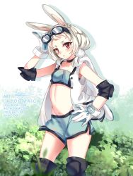 Rule 34 | 1girl, animal ears, artist name, black choker, blush, breasts, rabbit, rabbit ears, choker, collarbone, commentary, dated, eyewear on head, frown, gloves, highres, lazoomaiga, looking at viewer, navel, original, red eyes, short shorts, shorts, signature, sleeveless, sleeveless jacket, small breasts, watermark, web address, white gloves
