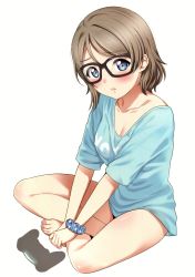 Rule 34 | 1girl, absurdres, aqua shirt, bare legs, barefoot, bespectacled, black-framed eyewear, blue eyes, blush, bottomless, brown hair, clothes writing, collarbone, controller, covered erect nipples, frown, full body, game controller, gamepad, glasses, highres, indian style, looking at viewer, love live!, love live! sunshine!!, naked shirt, no bra, polka dot, polka dot scrunchie, sankuro (agoitei), scan, scrunchie, shirt, short hair, simple background, sitting, solo, sweatdrop, t-shirt, watanabe you, white background, wrist scrunchie