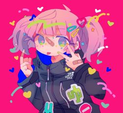 Rule 34 | 1girl, :p, ahoge, bandaid, bandaid on face, bandaid on hand, black jacket, blue eyes, blunt bangs, casual, daizu (melon-lemon), double v, drawstring, ear piercing, earrings, expressionless, from side, hair ornament, hairclip, hands up, heart, jacket, jewelry, long sleeves, looking at viewer, multicolored eyes, multicolored nails, nail polish, no nose, piercing, pink background, pink hair, simple background, solo, star (symbol), tareme, tongue, tongue out, twintails, upper body, v, yoshikawa chinatsu, yuru yuri