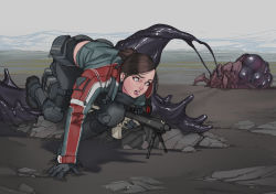 Rule 34 | 1girl, bipod, blue eyes, breasts, brown hair, bullpup, dodging, earrings, fanny pack, full body, gloves, gun, holding, holding gun, holding weapon, jacket, jewelry, long hair, medium breasts, original, outdoors, pants, pouch, scope, short ponytail, slime (substance), thigh pouch, trigger discipline, weapon, zerogravitas