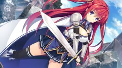 Rule 34 | 1girl, aikawa tatsuki, boots, breasts, cape, cleavage, closed mouth, cloud, day, dutch angle, eyebrows hidden by hair, female focus, game cg, holding, holding sword, holding weapon, large breasts, legs, long hair, looking at viewer, outdoors, purple eyes, red hair, ryuukishi bloody saga, saria blance, serious, shoulder pads, skirt, sky, solo, sword, thighhighs, thighs, twintails, weapon, zettai ryouiki