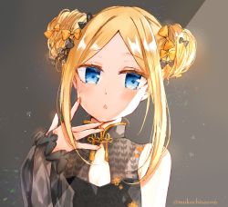 Rule 34 | 1girl, :o, abigail williams (emerald float) (fate), abigail williams (fate), bare shoulders, black bow, black dress, blonde hair, blue eyes, blush, bow, bug, butterfly, commentary request, detached sleeves, double bun, dress, emerald float, fate/grand order, fate (series), fingernails, forehead, grey background, hair bow, hair bun, highres, insect, long hair, looking at viewer, moko (mokochisa), official alternate costume, orange bow, parted bangs, parted lips, polka dot, polka dot bow, see-through, see-through sleeves, side bun, sidelocks, sleeveless, sleeveless dress, solo, twitter username