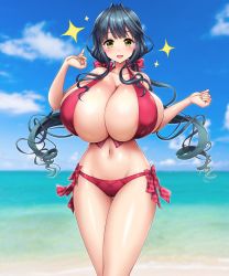 Rule 34 | 1girl, beach, bikini, black hair, blue sky, blunt bangs, breasts, btk, cameltoe, checkered clothes, cleavage, cloud, hair ribbon, halterneck, hands up, highres, huge breasts, looking at viewer, low twintails, lydia luitgard, milk factory, motto! haramase! honoo no oppai isekai ero mahou gakuen!, navel, ocean, outdoors, pussy, red bikini, ribbon, shiny skin, sidelocks, skindentation, sky, solo, sparkle, swimsuit, thigh gap, twintails, undersized clothes, yellow eyes