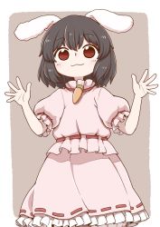 Rule 34 | 1girl, animal ears, black hair, brown background, carrot necklace, closed mouth, commentary, dress, frills, inaba tewi, looking at viewer, necklace, open hands, pink dress, poronegi, rabbit ears, red eyes, short hair, smile, solo, touhou
