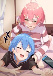Rule 34 | +++, 2girls, aged down, ahoge, alternate costume, alternate hairstyle, bed, blue hair, casual, cat hair ornament, closed eyes, collarbone, dot nose, drooling, girl on top, green eyes, hair ornament, hairclip, highres, hololive, hoshimachi suisei, indoors, laughing, long sleeves, lying, mouth drool, multiple girls, nintendo switch, on bed, on stomach, open mouth, pajamas, photo (object), pink hair, sakura miko, short sleeves, sitting, striped clothes, striped pajamas, taachika, tears, tickling, tickling sides, virtual youtuber