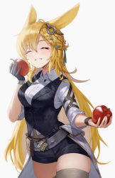 Rule 34 | 1girl, :d, absurdres, animal ears, apple, arknights, belt, belt pouch, black gloves, black shorts, black vest, blonde hair, braid, breasts, brown thighhighs, closed eyes, collared shirt, covered navel, cowboy shot, facing viewer, food, fruit, gloves, green ribbon, hair ribbon, highres, holding, holding food, holding fruit, kroos (arknights), kroos the keen glint (arknights), long hair, medium breasts, mo ying yu, open mouth, parted lips, pouch, rabbit ears, ribbon, shirt, short shorts, shorts, simple background, single glove, sleeves rolled up, smile, solo, thighhighs, very long hair, vest, waist cape, white background, white shirt, wristband