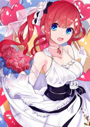 Rule 34 | 1girl, absurdres, anchor symbol, azur lane, balloon, bare shoulders, black bow, blue eyes, bouquet, bow, breasts, bridal veil, choker, cleavage, collarbone, commentary, cowboy shot, dress, elbow gloves, flower, gloves, hair between eyes, hair bow, hair ornament, heart balloon, highres, holding, holding bouquet, large breasts, long hair, looking at viewer, open mouth, red flower, red hair, red rose, rose, san diego (azur lane), san diego (no. 1 june bride!) (azur lane), sidelocks, sleeveless, sleeveless dress, solo, standing, twintails, u4a, v, veil, wedding dress, white choker, white dress, white flower, white gloves, white rose