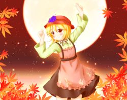 Rule 34 | 1girl, aki minoriko, apron, arms up, autumn leaves, bad id, bad pixiv id, blonde hair, blouse, food, fruit, grapes, hat, hishi (radioiso), leaf, leaning back, long sleeves, looking at viewer, maple leaf, mob cap, neck ribbon, night, outdoors, red eyes, red sky, ribbon, shirt, short hair, skirt, sky, smile, solo, star (sky), starry sky, touhou