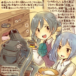 Rule 34 | 10s, 2girls, :d, aqua bow, aqua bowtie, blue hair, bow, bowtie, brown eyes, commentary request, dated, dress, grey eyes, grey hair, kantai collection, kasumi (kancolle), kirisawa juuzou, kiyoshimo (kancolle), long hair, long sleeves, low twintails, multiple girls, open mouth, shirt, short sleeves, side ponytail, sleeveless, sleeveless dress, smile, suspenders, traditional media, translation request, twintails, twitter username, very long hair, white shirt, yamato (battleship)