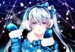 Rule 34 | 1girl, ahoge, alternate eye color, black background, blue bow, blue bowtie, blue coat, blue hair, blue mittens, blush, bow, bowtie, coat, commentary, earmuffs, english commentary, fur-trimmed coat, fur trim, gem, gem hair ornament, hair bow, hands up, hatsune miku, jewelry, light blue hair, long hair, looking at viewer, mittens, parted lips, pink eyes, snowing, solo, straight-on, sumimeno, twintails, upper body, vocaloid, yuki miku, yuki miku (2012)