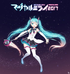Rule 34 | 1girl, 2017, ;d, absurdly long hair, absurdres, ahoge, bad id, bad pixiv id, black ribbon, black skirt, blue eyes, blue hair, character name, detached sleeves, floating hair, full body, hair between eyes, hair ornament, hatsune miku, highres, holding, layered skirt, long hair, magical mirai (vocaloid), magical mirai miku, magical mirai miku (2017), microphone stand, miniskirt, moong gya, multicolored hair, neck ribbon, one eye closed, open mouth, pink hair, pleated skirt, ribbon, shirt, skirt, sleeveless, sleeveless shirt, smile, solo, thighhighs, twintails, two-tone hair, very long hair, vocaloid, white shirt, white thighhighs