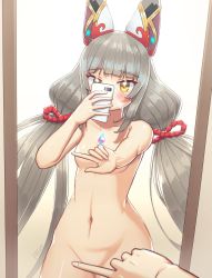 Rule 34 | 1girl, alten, animal ears, breasts, cellphone, chest jewel, convenient censoring, covering crotch, covering nipples, covering privates, facial mark, female focus, full-length mirror, highres, linea alba, long hair, low twintails, meme, mirror, multiple views, navel, nia (blade) (xenoblade), nia (xenoblade), nude, one finger selfie challenge (meme), phone, silver hair, small breasts, solo, solo focus, spoilers, tsurime, twintails, very long hair, xenoblade chronicles (series), xenoblade chronicles 2, yellow eyes