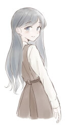 Rule 34 | 1girl, blue eyes, blush, dress, earrings, free palet, grey hair, highres, jewelry, long hair, long sleeves, looking at viewer, looking back, open mouth, original, pinafore dress, sleeveless, sleeveless dress, smile, solo