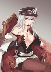 Rule 34 | 1girl, absurdres, azur lane, breasts, cleavage, licking finger, gloves, graf zeppelin (azur lane), hand in own hair, hand on breast, hat, highres, licking, long hair, looking at viewer, military, military hat, military uniform, open clothes, pantyhose, red eyes, silver hair, simple background, sitting, solo, tsyn, uniform
