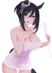 Rule 34 | 1girl, absurdres, alternate costume, animal ears, bare arms, bare shoulders, black hair, blue eyes, breasts, cleavage, collarbone, commentary request, cowboy shot, eishin flash (umamusume), hair between eyes, hair ribbon, highres, holding, holding shower head, horse ears, large breasts, looking at viewer, naked towel, open mouth, ribbon, shiratsuki (1ka6969), short hair, shower head, simple background, solo, standing, towel, umamusume, white background