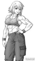 Rule 34 | 1girl, abs, breasts, cargo pants, contrapposto, covered erect nipples, ebr-kii, greyscale, hand on own hip, highres, medium breasts, medium hair, midriff, monochrome, muscular, muscular female, navel, original, pants, solo, sports bra, v-shaped eyebrows, wristband