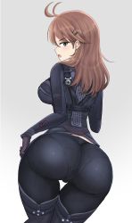 Rule 34 | 1girl, absurdres, ass, brown hair, desspie, earrings, green eyes, hair ornament, hairclip, highres, huge ass, jewelry, medium hair, open mouth, pantylines, shion uzuki, simple background, solo, thigh gap, white background, xenosaga