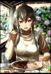 Rule 34 | 1girl, alternate costume, black hair, border, breasts, curry, curry rice, food, food focus, hairband, highres, jewelry, kantai collection, long hair, looking at viewer, meal, medium breasts, open mouth, ponytail, rice, ring, seitei (04seitei), shirt, sketch, solo, upper body, wedding ring, white shirt, yahagi (kancolle)