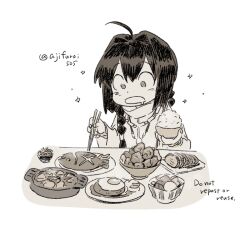 Rule 34 | 1other, ahoge, asaya minoru, blush, bowl, braid, chopsticks, drooling, english text, fate/samurai remnant, fate (series), fish (food), food request, hair intakes, hair over shoulder, holding, holding bowl, holding chopsticks, long hair, long sleeves, monochrome, mouth drool, open mouth, plate, rice, rice bowl, simple background, single braid, solo, sparkle, twitter username, upper body, white background, wide sleeves, yamato takeru (fate)