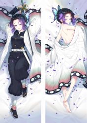 Rule 34 | 1girl, arms up, back, barefoot, bed sheet, belt, black hair, black legwear, black pants, blue eyes, breasts, bug, butterfly, butterfly hair ornament, coat, dakimakura (medium), demon slayer uniform, eyelashes, flower, hair flower, hair ornament, hair over one eye, half-closed eyes, haori, holding, holding flower, holding sword, holding weapon, insect, japanese clothes, kimetsu no yaiba, knee up, kochou shinobu, long sleeves, looking at viewer, looking back, lying, moeanime, mouth hold, multicolored hair, multiple views, naked coat, off shoulder, on back, on bed, on side, pants, petals, petals in mouth, plantar flexion, pleated pants, puffy pants, purple flower, purple hair, sandals, scabbard, sheath, shin guards, sideboob, smile, sword, sword writing, tabi, two-tone hair, unsheathed, updo, weapon, wide sleeves, wisteria, zouri