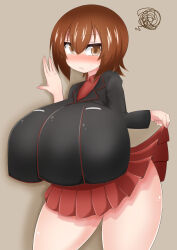 Rule 34 | 1girl, breasts, brown eyes, brown hair, clothes lift, garrison cap, girls und panzer, hat, highres, huge breasts, kuromorimine military uniform, lifting own clothes, looking at viewer, nishizumi maho, rimota12, short hair, skirt, skirt lift, solo