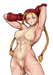 Rule 34 | 1girl, armpits, arms behind head, blonde hair, blue eyes, braid, breasts, cammy white, capcom, chocolate, covered erect nipples, cowboy shot, hershuar, highres, large breasts, legs, lipstick, long hair, looking at viewer, makeup, nude, parted lips, solo, street fighter, thick thighs, thighs, toned, twin braids