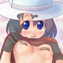 Rule 34 | 10s, 1girl, bandaid, bandaids on nipples, black hair, blue eyes, blush, breasts, clothes lift, gloves, hat, kaban (kemono friends), kemono friends, lifting own clothes, long hair, looking at viewer, medium breasts, no bra, parted lips, pasties, shirt lift, solo, t jiroo (ringofriend), upper body