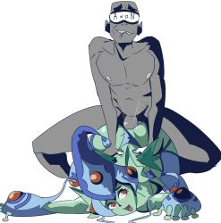 Rule 34 | 1boy, 1girl, absurdres, all fours, anal, anon, artist request, ass, breasts, clothing cutout, colored skin, digimon, doggystyle, erection, faceless, faceless male, frog girl, grabbing, grabbing from behind, green skin, happy sex, helmet, hetero, highleg, highleg swimsuit, highres, huge ass, lying, medium breasts, moaning, motion lines, one-piece swimsuit, ranamon, red eyes, sex, sex from behind, shiny skin, sweat, swimsuit, testicles, torn clothes, wide hips
