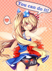 Rule 34 | 1girl, :p, alternate costume, alternate hairstyle, ass, bare arms, bare shoulders, black choker, black panties, blonde hair, blue bow, blue shirt, blue skirt, blush, bow, checkered background, cheerleader, chima q, choker, clothes writing, clownpiece, commentary request, cowboy shot, english text, fairy wings, from behind, gradient background, hair bow, heart, highres, long hair, looking at viewer, looking back, miniskirt, nose blush, orange background, panties, pom pom (cheerleading), red bow, red eyes, shirt, skirt, sleeveless, solo, speech bubble, spoken heart, standing, star (symbol), star print, striped, striped bow, text on panties, tongue, tongue out, touhou, transparent wings, twintails, underwear, very long hair, wings