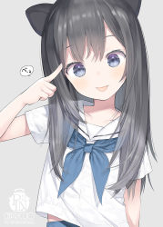 Rule 34 | 1girl, :p, animal ears, artist name, black hair, blue eyes, blue neckerchief, blush, capriccio, closed mouth, commentary request, grey background, hair between eyes, hand up, index finger raised, long hair, looking at viewer, neckerchief, original, sailor collar, school uniform, serafuku, shirt, short sleeves, simple background, smile, solo, tongue, tongue out, upper body, watermark, white sailor collar, white shirt