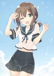Rule 34 | 1girl, ;d, artist name, black skirt, brown hair, cowboy shot, fubuki (kancolle), green eyes, kani biimu, kantai collection, looking at viewer, low ponytail, midriff, navel, one eye closed, open mouth, pleated skirt, sailor collar, sailor shirt, school uniform, serafuku, shirt, short hair, short ponytail, short sleeves, sidelocks, skirt, smile, solo, wet, wet clothes