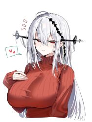 Rule 34 | 1girl, arknights, breasts, closed mouth, commentary request, heart, highres, horn/wood, large breasts, long hair, long sleeves, looking at viewer, phoenix crown, pointy hat, red eyes, red sweater, ribbed sweater, simple background, skadi (arknights), skadi the corrupting heart (arknights), sleeves past wrists, smile, solo, spoken heart, sweater, turtleneck, turtleneck sweater, upper body, white background, white hair