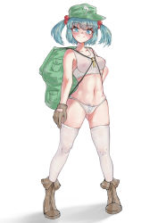 Rule 34 | 1girl, absurdres, backpack, bag, bare shoulders, blue eyes, blue hair, blush, boots, brown footwear, brown gloves, closed mouth, collarbone, commentary request, female pubic hair, full body, gloves, green hat, hair bobbles, hair ornament, hat, highres, kawashiro nitori, legs apart, littiecy, looking at viewer, navel, nipples, pubic hair, pussy, see-through, short twintails, simple background, smile, solo, sports bra, standing, stomach, thighhighs, touhou, twintails, underwear, white background, white thighhighs