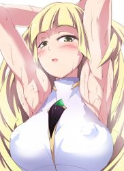 Rule 34 | 1girl, :o, armpits, arms up, blonde hair, blush, breasts, covered erect nipples, creatures (company), diamond (shape), game freak, green eyes, half-closed eyes, large breasts, long hair, lusamine (pokemon), mature female, nintendo, open mouth, pokemon, pokemon sm, rei oe, simple background, sleeveless, solo, sweat, turtleneck, upper body, white background