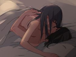 Rule 34 | 2girls, artist request, black hair, eye contact, hand on another&#039;s back, imminent kiss, looking at another, lying, multiple girls, nude, on back, on person, original, parted lips, pillow, shared blanket, under covers, yoshimi (yasinatongren), yuri
