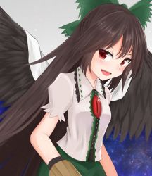 Rule 34 | 1girl, arm cannon, bird wings, black wings, blouse, blush, bow, brown hair, cape, collared shirt, control rod, cowboy shot, dakuazu, green bow, green skirt, grey background, hair bow, highres, long hair, looking at viewer, ponytail, puffy short sleeves, puffy sleeves, red eyes, reiuji utsuho, shirt, short sleeves, simple background, skirt, starry sky print, touhou, weapon, white cape, white shirt, wings