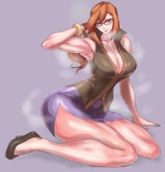Rule 34 | 1girl, arm behind head, armpits, bare arms, bare shoulders, blush, bracelet, breasts, brown eyes, brown hair, cleavage, creatures (company), elite four, game freak, glasses, hand in own hair, highres, huge breasts, jewelry, large breasts, lips, long hair, lorelei (pokemon), muscular, nintendo, pokemon, pokemon frlg, ponytail, simple background, sitting, skirt, smile, solo, steaming body, thighs, uya (yurukah)