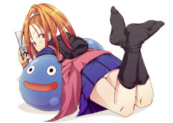 Rule 34 | 1girl, backpack, bad id, bad pixiv id, bag, dragon quest, dragon quest vi, feet, female focus, forehead, gloves, handheld game console, high ponytail, long hair, looking back, lying, nintendo ds, no shoes, on stomach, orange hair, panties, pipa, ponytail, randoseru, red eyes, skirt, slime (creature), slime (dragon quest), socks, solo, the pose, underwear, varbara (dq6)