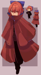 Rule 34 | 1girl, :|, black footwear, black kimono, bow, cloak, closed mouth, commentary, covered mouth, full body, hair between eyes, hair bow, highres, japanese clothes, jitome, kimono, layered clothes, obi, oito (bowstringsmall), purple bow, red cloak, red eyes, red hair, sash, sekibanki, shoes, short hair, simple background, solo, standing, touhou