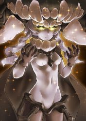 Rule 34 | 10s, 1girl, abyssal ship, black gloves, bodysuit, cape, ckln, collar, covered navel, cowboy shot, expressionless, gloves, glowing, glowing eyes, groin, hat, kantai collection, long hair, monster, skin tight, solo, standing, teeth, white hair, wo-class aircraft carrier, yellow eyes