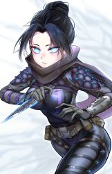 Rule 34 | 1girl, absurdres, animification, apex legends, belt, black bodysuit, black hair, black scarf, blue eyes, blue pupils, blush, bodysuit, breasts, brown belt, hair bun, highres, holding, holding knife, knife, kunai, looking at viewer, medium breasts, necrotenshi, open hand, parted bangs, parted lips, scarf, solo, weapon, wraith&#039;s kunai, wraith (apex legends)