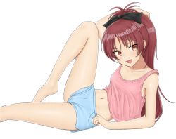Rule 34 | 1girl, :d, arm up, armpit peek, bare arms, bare shoulders, barefoot, black bow, blue shorts, blush, bow, brown eyes, collarbone, commentary, crop top, elbow rest, fangs, female focus, from side, hair bow, highres, leg lift, long hair, looking at viewer, looking to the side, mahou shoujo madoka magica, mahou shoujo madoka magica (anime), midriff, navel, open mouth, ponytail, reclining, red hair, sakura kyoko, sc naru, shiny skin, short shorts, shorts, simple background, sleeveless, smile, solo, tank top, white background