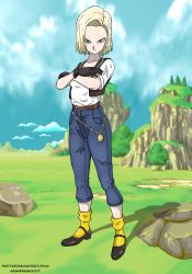 Rule 34 | 1girl, android 18, black gloves, black vest, blonde hair, blue eyes, crossed arms, denim, dragon ball, dragonball z, gloves, highres, jeans, jewelry, mary janes, nashdnash2007, pants, shirt, shoes, vest, white shirt.